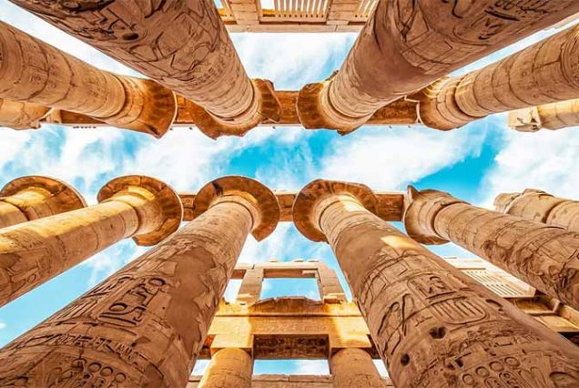 Karnak Temple in Luxor – largest ancient religious complex in Egypt, massive pylons, carved c